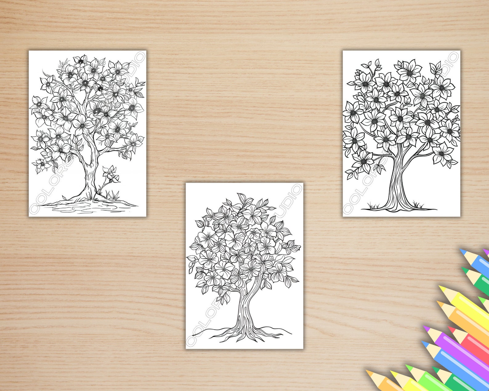 20 Blooming Flower Trees Coloring Book for Kids and Adults, Floral Tree ...