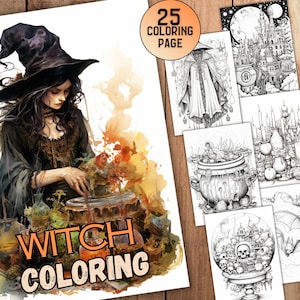 25 páginas para colorir de Witchy Whimsies - páginas para colorir para adultos e tipos - páginas para colorir para impressão - livro para colorir em tons de cinza - A4 - carta dos EUA -PDF - JPEG