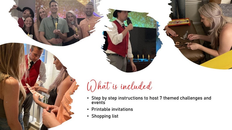 May include: A group of people are gathered together for a party. The image includes a red and white vest, a cowboy hat, and a sign that says "What is included". The text below the sign lists the items included in the party kit: step-by-step instructions to host 7 themed challenges and events, printable invitations, and a shopping list.