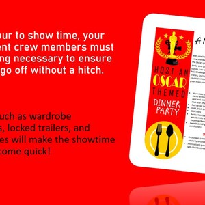 May include: A red background with a white card featuring a gold Oscar statue and the text "Host an Oscar Themed Dinner Party". The card also includes the text "A Night at the Oscars" and a summary of the event, including decor and wardrobe suggestions.