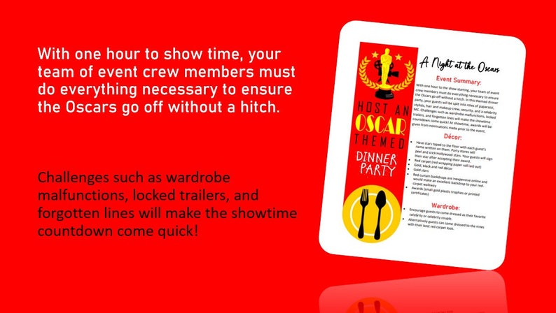 May include: A red background with a white card featuring a gold Oscar statue and the text "Host an Oscar Themed Dinner Party". The card also includes the text "A Night at the Oscars" and a summary of the event, including decor and wardrobe suggestions.