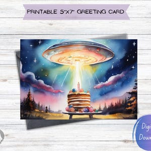Cartão de aniversário exclusivo de OVNI | Cartão personalizado para impressão para celebrações cósmicas