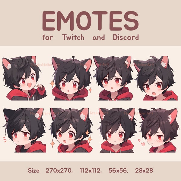 Twitch Emotes Discord Emotes Pack - 8 Cute Anime Black Hair Cat Boy Emotes