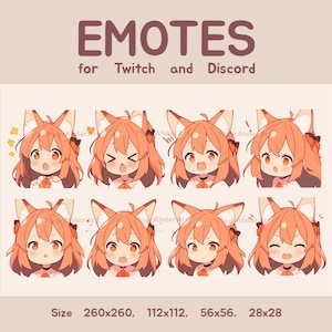 Twitch Emotes Discord Emotes Pack - 8 Cute Orange Anime Fox Girl Emotes