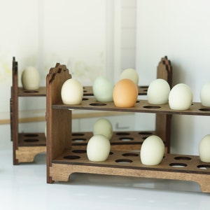 May include: A wooden egg holder with two tiers, each with 12 slots. The holder is filled with a variety of colored eggs, including white, light blue, and brown.