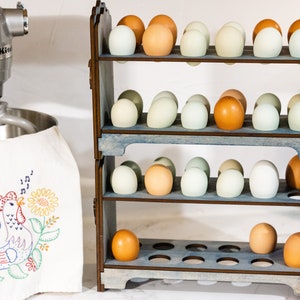 May include: A wooden egg storage rack with four shelves, holding a variety of brown and blue-green eggs. The rack is painted a light blue color and has a rustic look. There are two pumpkins in the background.