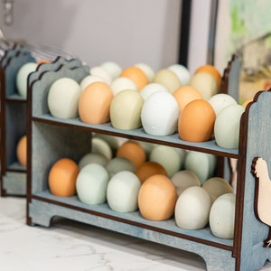 May include: A blue wooden egg holder with two shelves, holding a variety of brown and white eggs. The holder has a cutout of a chicken on the side.