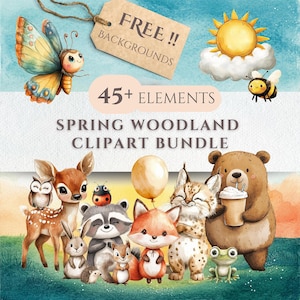 Clipart de bosque de primavera PNG, clip art de animales del bosque bebés de primavera, animales de primavera para guardería, lindo clipart de primavera para uso comercial