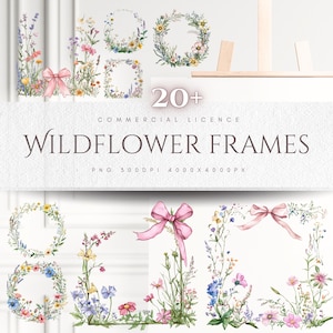 Clipart cadres de fleurs sauvages aquarelle de printemps Arrangements de fleurs botaniques florales à faire soi-même couronnes de fleurs élégantes impression étiquette cadeau PNG