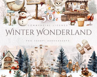 Paquete de imágenes prediseñadas de acuarela de un país de las maravillas invernal: pueblo navideño y muñeco de nieve (50 PNG)
