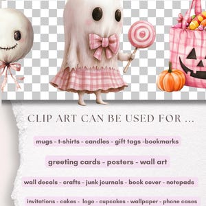 May include: A whimsical Halloween-themed digital illustration featuring a ghost character in a pink plaid dress holding a lollipop. A pumpkin and a candy-filled bag are also shown. Text at the top reads "TRANSPARENT".