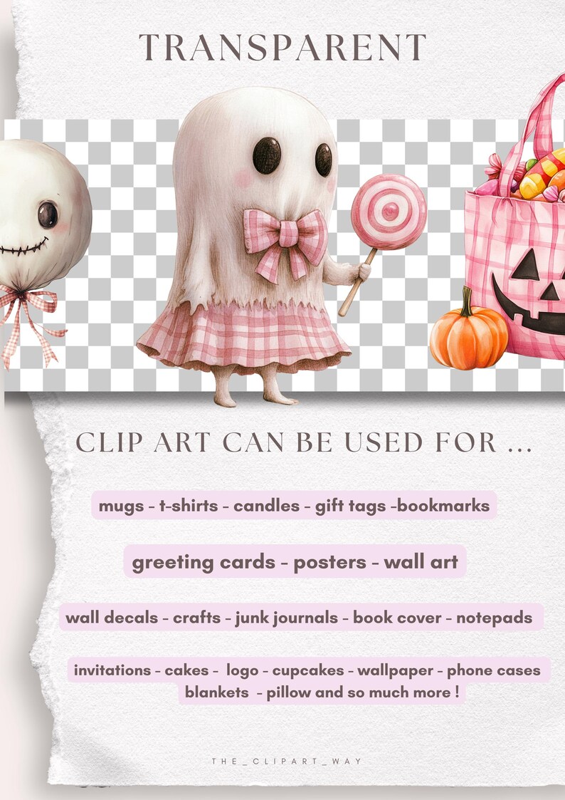 May include: A whimsical Halloween-themed digital illustration featuring a ghost character in a pink plaid dress holding a lollipop. A pumpkin and a candy-filled bag are also shown. Text at the top reads "TRANSPARENT".
