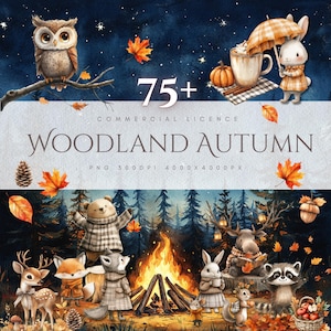 Może przedstawiać: Cyfrowa kolekcja akwarelowych ilustracji Woodland Autumn przedstawiająca sowę, królika z parasolem, ognisko, niedźwiedzia, jelenia, lisa, szopa pracza i wiewiórkę, z tekstem 75+ COMMERCIAL LICENCE WOODLAND AUTUMN.