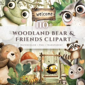 Wald Kinderzimmer Clipart Aquarell Bär Fuchs Hase PNG Baby Shower Clipart Waldtiere Süße Kinderzimmer Tiere Digital Download