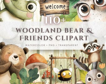 Clipart de guardería de bosque, acuarela, oso, zorro, conejito, PNG, clipart de baby shower, animales del bosque, lindos animales de guardería, descarga digital