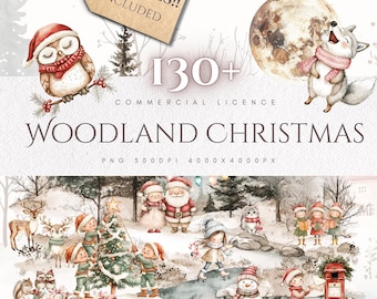 Woodland Christmas Clipart Bundle Winter Watercolor PNG Forest Animals Santa Elves Holiday Clip Art Commercial Use Printable PNG