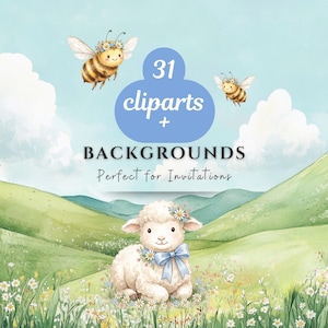 Puede incluir: Ilustración en acuarela de un cordero con lazo azul y corona de flores, rodeado de abejas y un paisaje herboso. Incluye el texto "31 cliparts + backgrounds". Perfecto para invitaciones.