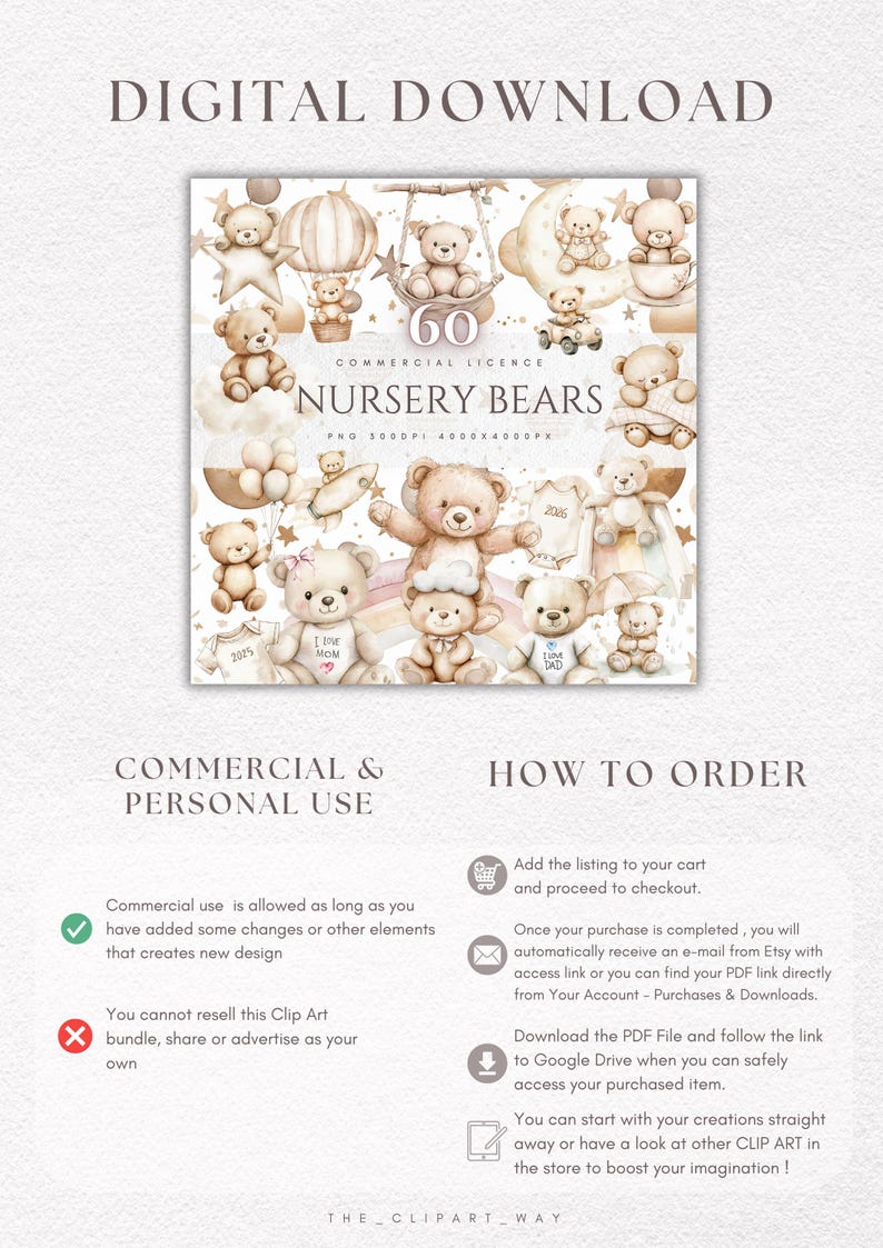 Watercolor Teddy Bear Clipart Bundle: Neutral Baby Shower Art (PNG ...