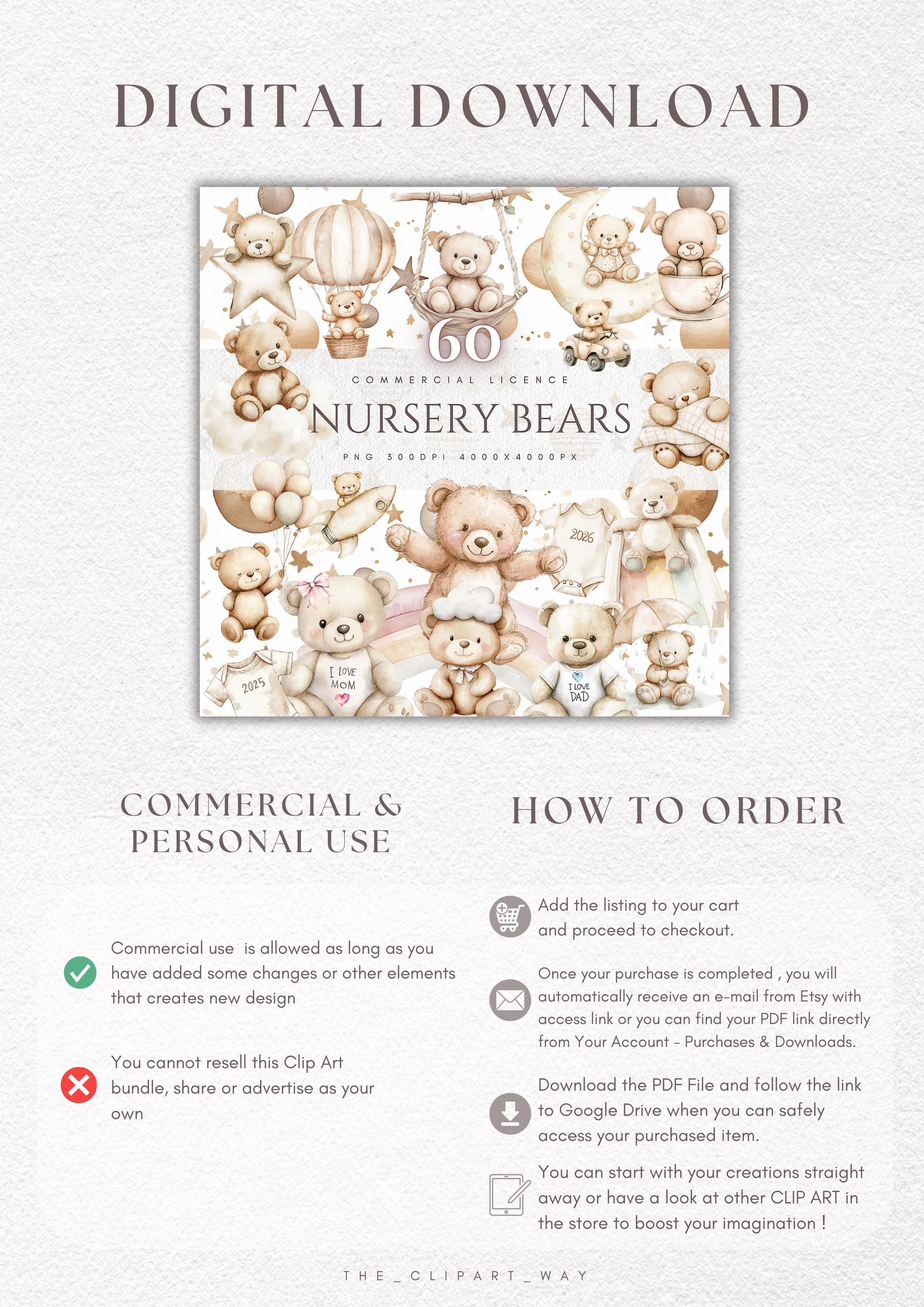Watercolor Teddy Bear Clipart Bundle: Neutral Baby Shower Art (PNG ...