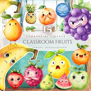 Pacote de Clipart de Frutas em Aquarela Kawaii Expressando Emoções, Recursos para Professores (Download Digital)