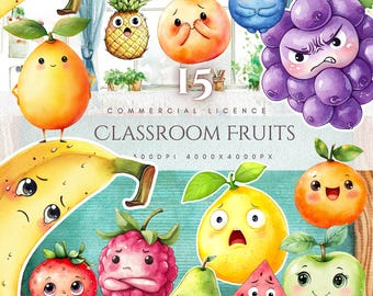 Kawaii Watercolor Fruit Emotions Clipart Bundle, Teacher Resources (Digital Download)