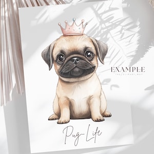 cute pug puppy breed dog with pastel pink crown sitting and smiling  as a beautiful dog portrait