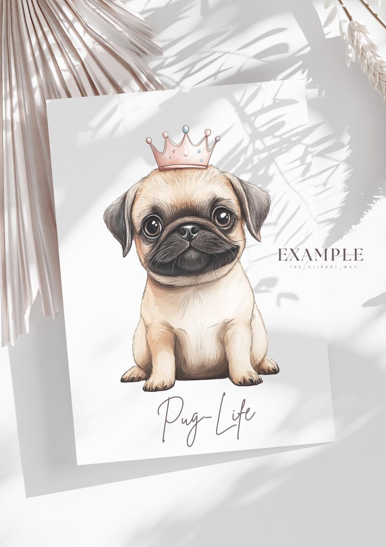 cute pug puppy breed dog with pastel pink crown sitting and smiling  as a beautiful dog portrait