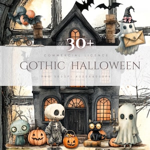 Gothic Halloween Clipart Bundle for Kids Watercolor Spooky Cute Vintage Style Halloween Illustrations Haunted House Ghost Clip Art Graphics