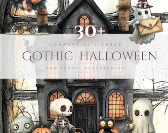May include: Watercolor illustration of a Gothic Halloween scene. A spooky house with bats, ghosts, pumpkins, and other Halloween characters. The text "Gothic Halloween" is displayed on the image.