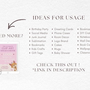 Puede incluir: Un gr&aacute;fico digital con el texto IDEAS FOR USAGE y una lista que incluye Birthday Party, Social Media, Junk Journal, Sublimation, Bookmarks, Kids Crafts, Gift Tags, Greeting Cards, Phone Cases, Room Decor, Logo Brand, Cakes, Mugs, Baby Shower, Book Cover, Wall Decals, Wallpaper, Classroom, y una tableta que muestra la portada de un libro electr&oacute;nico con una ilustraci&oacute;n de un zorro.