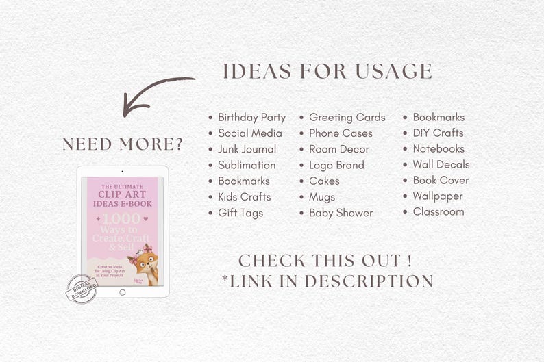 Puede incluir: Un gr&aacute;fico digital con el texto IDEAS FOR USAGE y una lista que incluye Birthday Party, Social Media, Junk Journal, Sublimation, Bookmarks, Kids Crafts, Gift Tags, Greeting Cards, Phone Cases, Room Decor, Logo Brand, Cakes, Mugs, Baby Shower, Book Cover, Wall Decals, Wallpaper, Classroom, y una tableta que muestra la portada de un libro electr&oacute;nico con una ilustraci&oacute;n de un zorro.