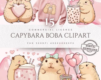 May include: A digital clipart set featuring capybaras with boba tea and hearts. The image includes a pink sweatshirt with a capybara design, various capybaras with boba drinks, and heart-shaped balloons. The text reads "CAPYBARA BOBA CLIPART".