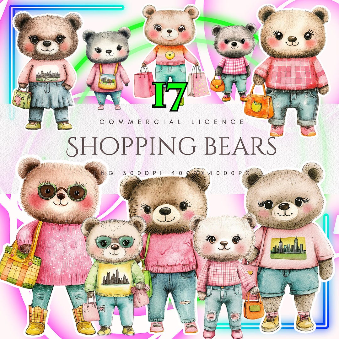 Neon Bear Clipart Bundle: Retro Shopping Bears (PNG, 4000x4000px) - Etsy