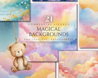 May include: A collection of 21 watercolor magical backgrounds in pastel colors, including pink, blue, and yellow. The image features a teddy bear ornament and text that reads "Magical Backgrounds". The backgrounds are suitable for digital art and design.