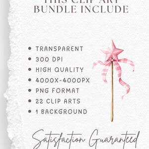 May include: A digital clip art bundle includes transparent images, 300 DPI, high quality, 4000x4000px, PNG format, 22 clip arts, and 1 background. The image features a pink star wand.