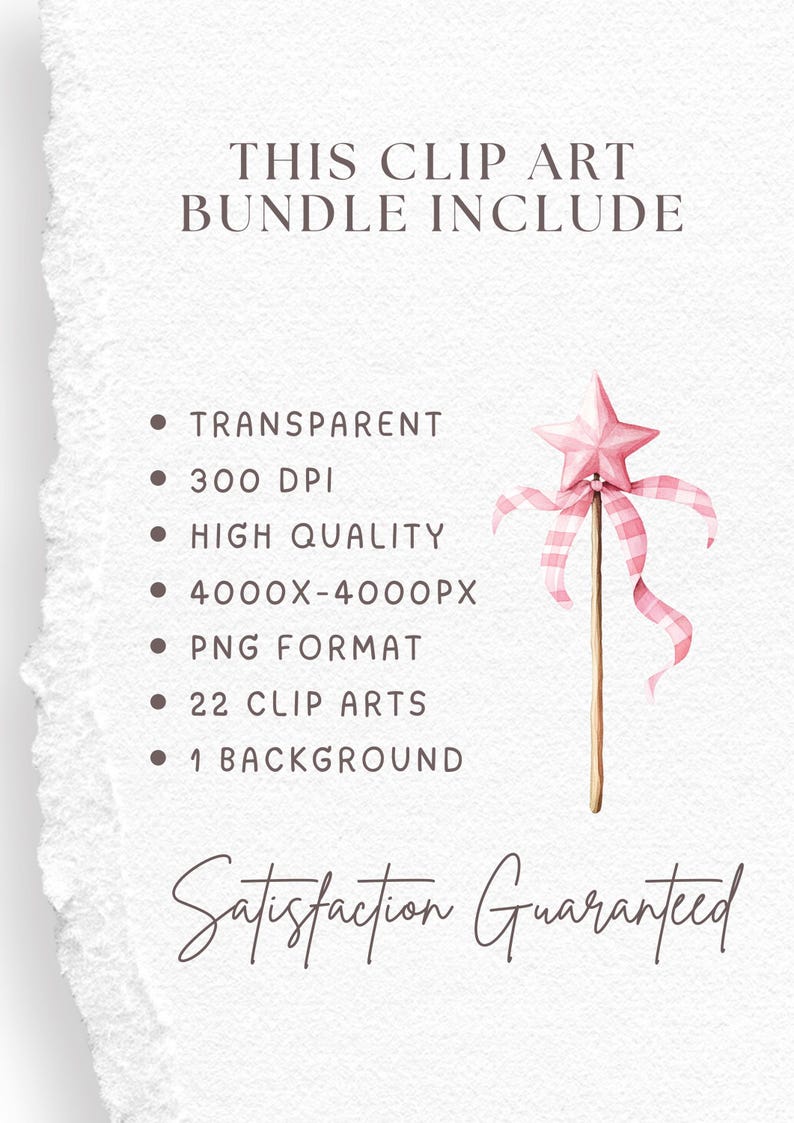 May include: A digital clip art bundle includes transparent images, 300 DPI, high quality, 4000x4000px, PNG format, 22 clip arts, and 1 background. The image features a pink star wand.