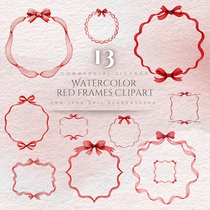 Könnte beinhalten: Aquarell-Clipart mit roten Rahmen und Schleifen in verschiedenen Formen. Das Bild zeigt verschiedene Rahmendesigns, darunter runde, ovale und rechteckige Formen. Der Text "13 Commercial Licence Watercolor Red Frames Clipart" ist ebenfalls sichtbar.