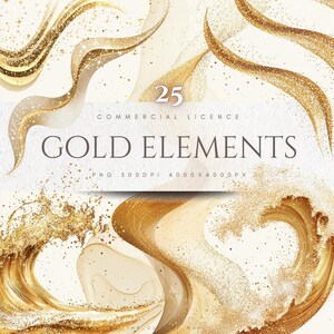 Bundle de cliparts d'éléments de vagues dorées à usage commercial Clip Art pour scrapbooking, téléchargement numérique, fabrication de cartes d'invitation pour créations DIY imprimables
