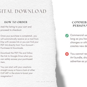 Puede incluir: Una tarjeta de instrucciones de descarga digital con un efecto de borde de papel rasgado. El texto incluye Digital Download, How to Order y Commercial & Personal Use. Describe los pasos para comprar, acceder al enlace PDF y los derechos de uso.