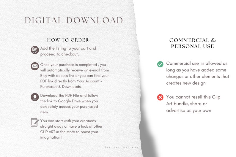 Puede incluir: Una tarjeta de instrucciones de descarga digital con un efecto de borde de papel rasgado. El texto incluye Digital Download, How to Order y Commercial & Personal Use. Describe los pasos para comprar, acceder al enlace PDF y los derechos de uso.