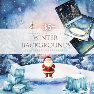 Op de afbeelding: Waterverfillustratie van een winterlandschap met een kerstmanfiguur die een hart vasthoudt. De afbeelding bevat ijsblokken, dennenbomen en de tekst "Winter Backgrounds". Er worden verschillende voorbeelden van achtergronden getoond.