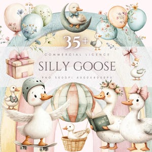 Alberne Gans Cottagecore Frühling Clipart Kommerzielle Nutzung Skurril Geburtstagsparty einladen DIY niedlich Aquarell Baby Shower Kinderzimmer Dekor Print