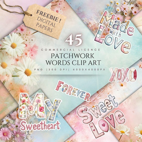 Patchwork Letters PNG Word Clipart Bundle , Daisy Digital Paper, Junk Journal Kit Craft