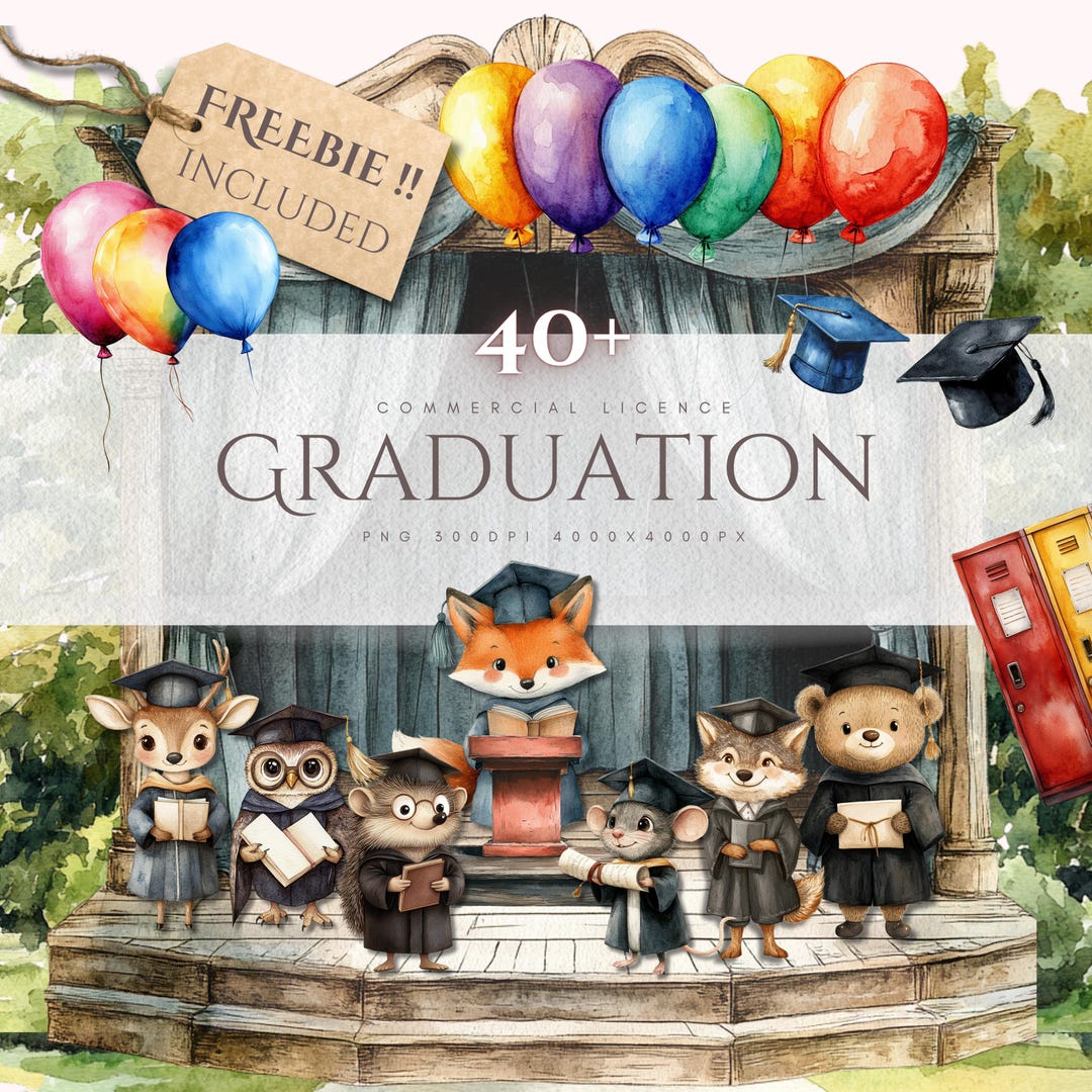 Woodland Animals Graduation Clipart: Watercolor Theme (digital Download ...