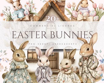 Watercolor Easter Bunny Clipart: PNG Bundle (Digital Download)