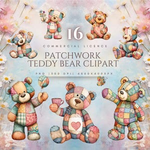 Pode incluir: Uma coleção de 16 imagens de clipart de ursos de pelúcia patchwork. Cada urso é projetado de forma única com retalhos de tecido coloridos. Alguns ursos seguram flores, um coração, um livro, um balão e uma xícara de chá. O texto "Patchwork Teddy Bear Clipart" é exibido.