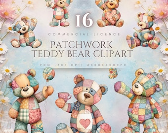 Patchwork Teddy Bear Watercolor Clipart Bundle (PNGs)