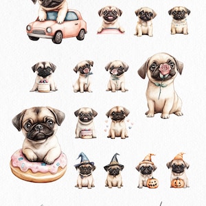 May include: A digital clipart set featuring 12 different illustrations of pugs in various poses and outfits. The pugs are depicted in watercolor style with a light background. The text "CLIP ART INCLUDED" and "choose your favourite..." is also included in the image.