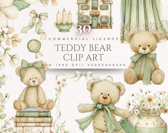 May include: A digital collection of watercolor illustrations featuring teddy bears, a house, candles, floral arrangements, books, and ribbons in shades of sage green and cream. The text reads 30 COMMERCIAL LICENCE TEDDY BEAR CLIP ART PNG 300 DPI 4000 X 4000 PX.