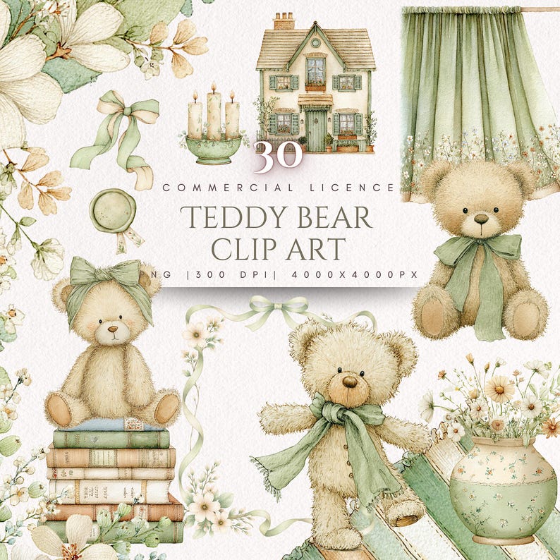 Teddy Bear Clipart With Bow – Watercolor Nursery Bears PNG Clip Art ...